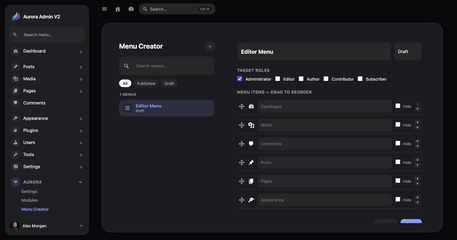 Menu Creator in Aurora Admin