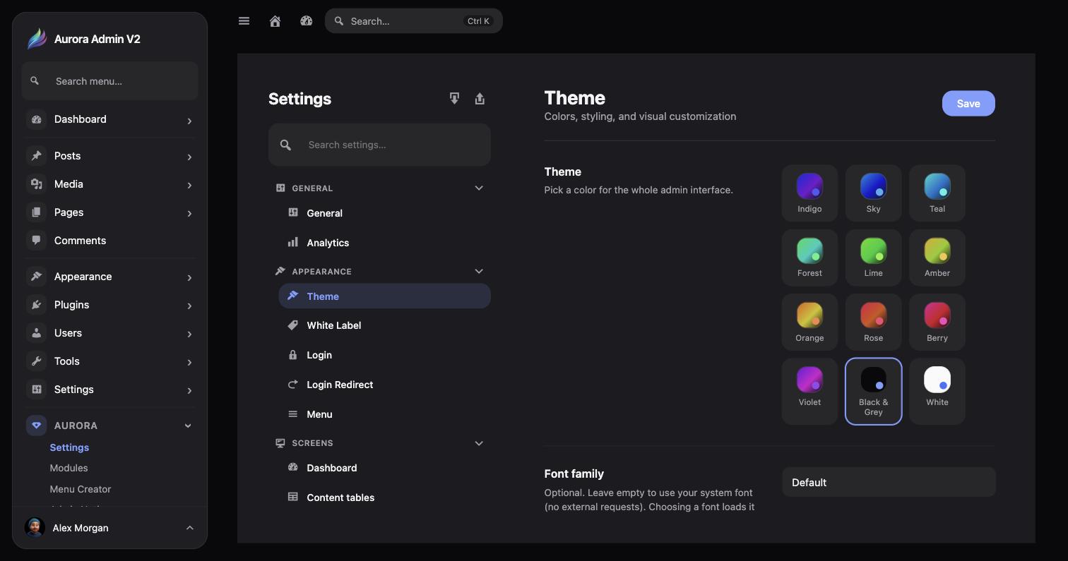 Color Presets in Aurora Admin