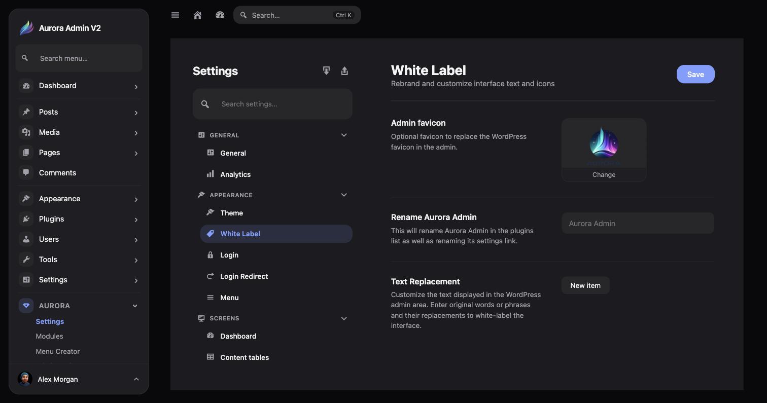 White Label in Aurora Admin