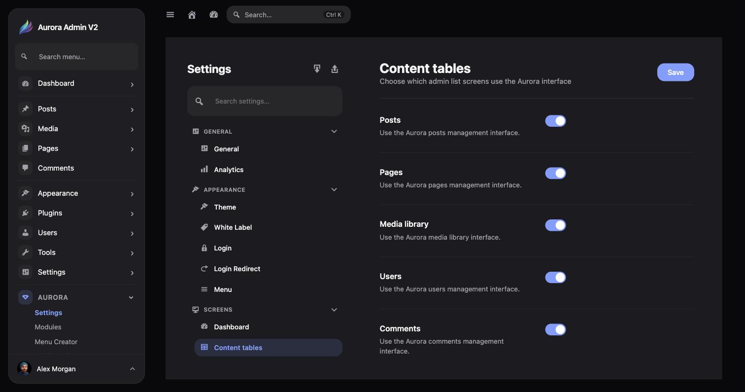 Content Tables in Aurora Admin