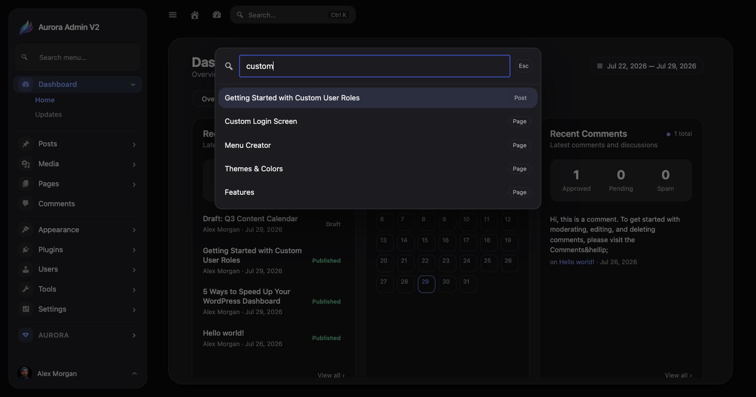 Aurora Admin Global Search command palette