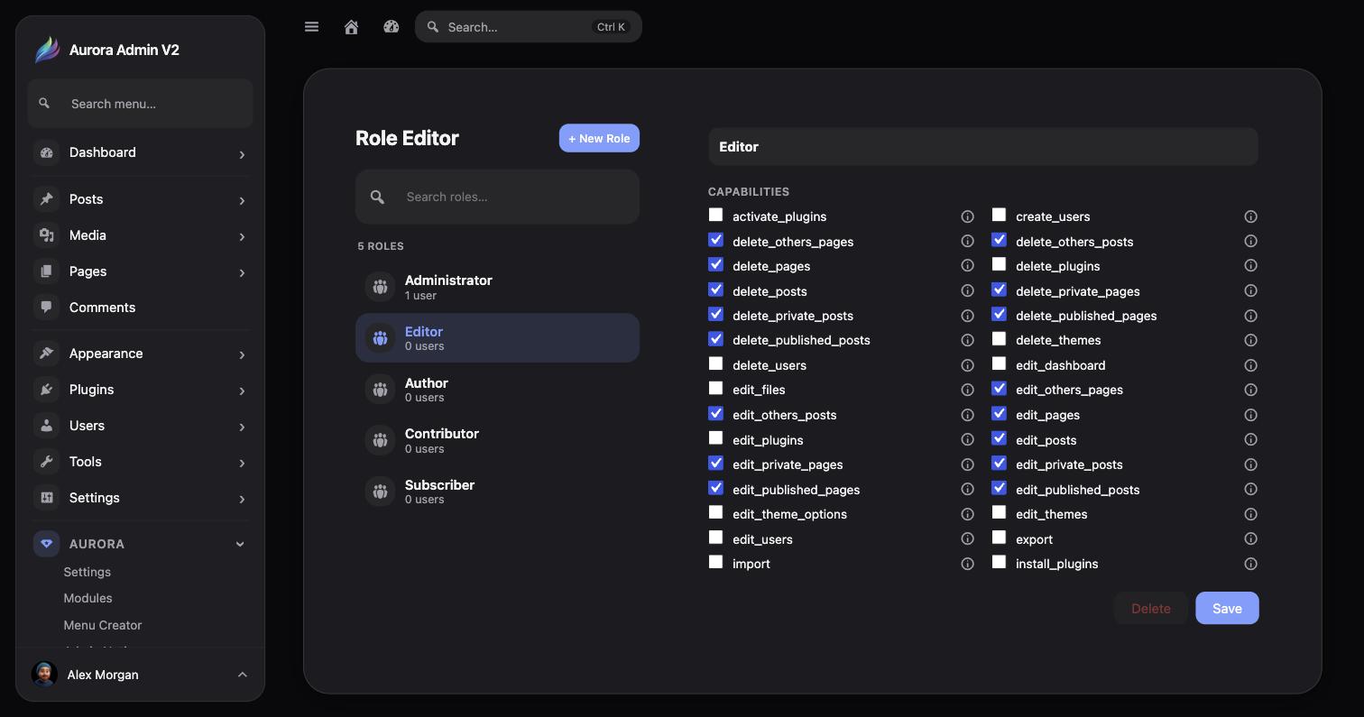 Aurora Admin visual Role Editor