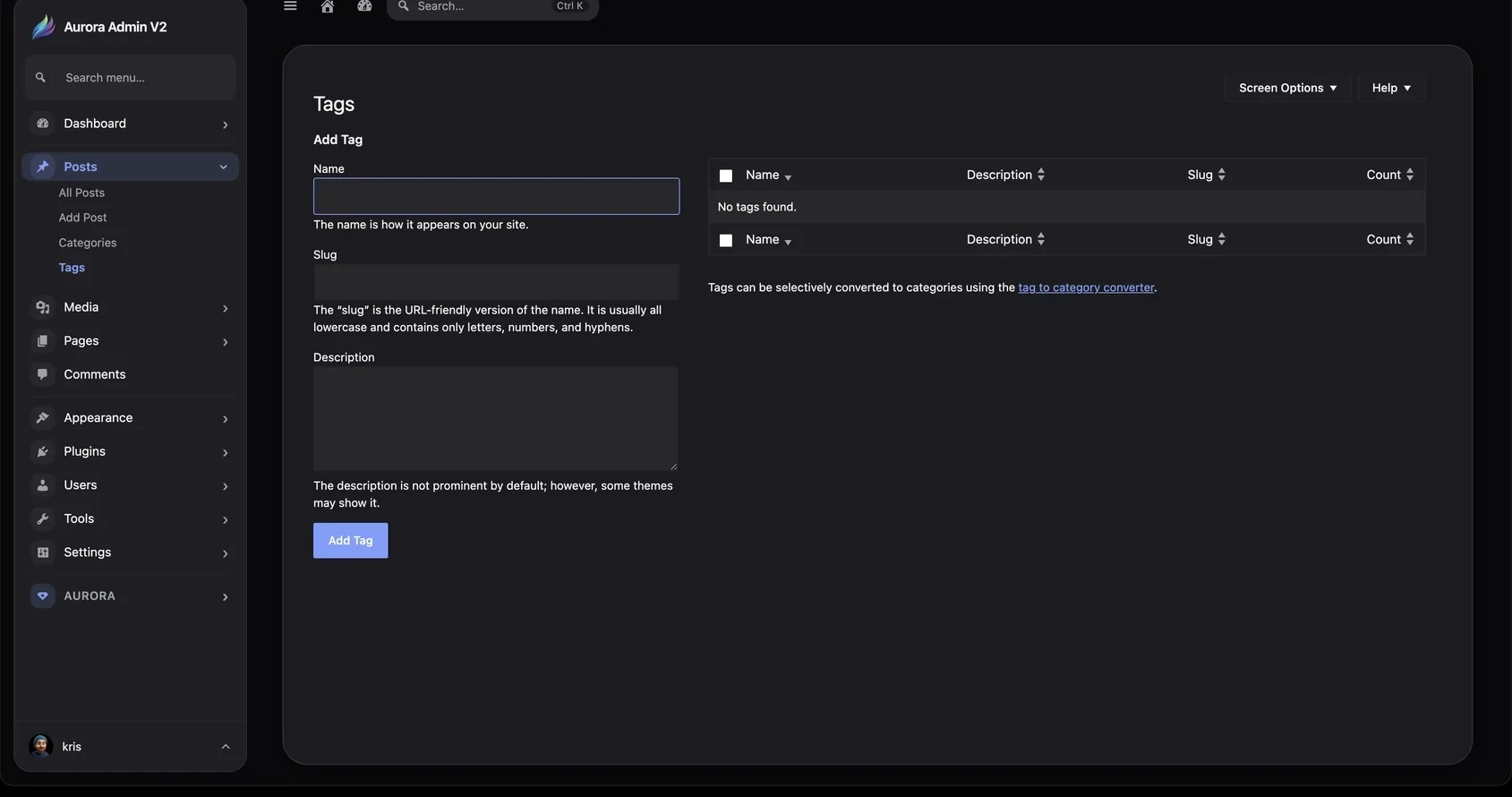 Manage post tags