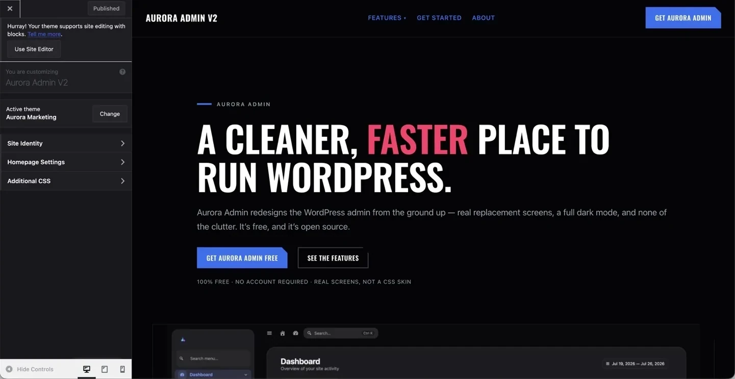 WordPress Theme Customizer within Aurora