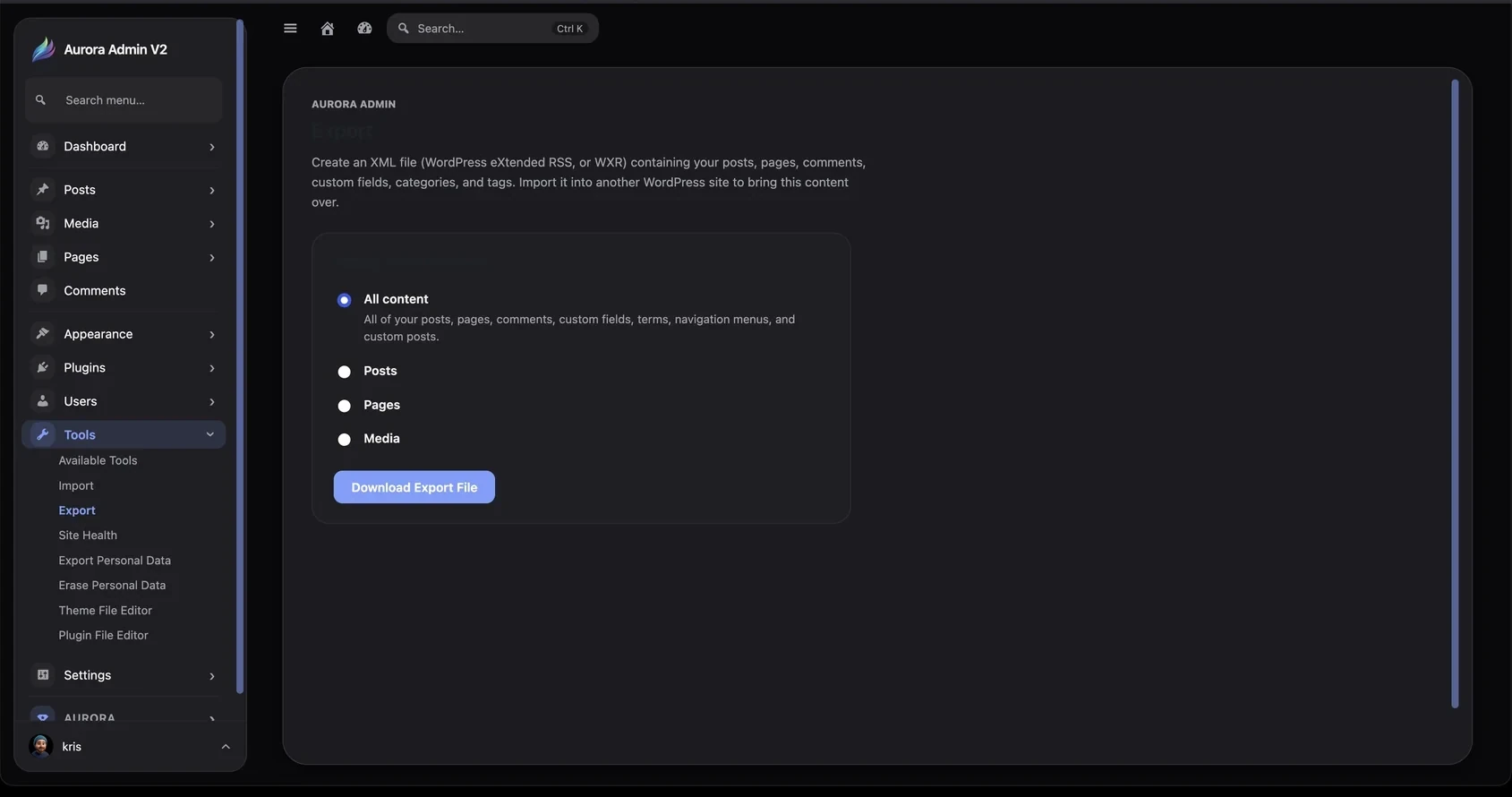 Export WordPress content