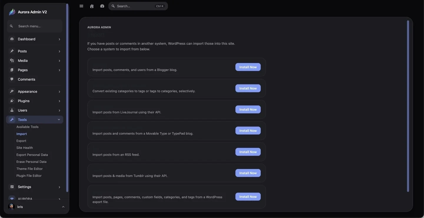 Aurora WordPress import screen